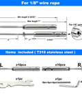 Swageless Cable Railing Hardware Kit For 1/8 Inch Stainless Steel Cables Wood Post Mounts with tools and details