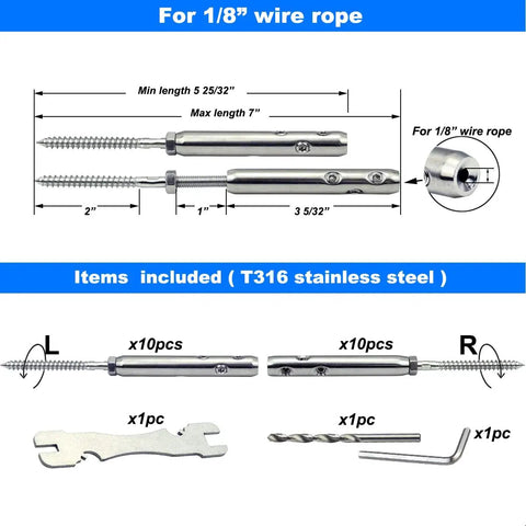 Swageless Cable Railing Hardware Kit For 1/8 Inch Stainless Steel Cables Wood Post Mounts with tools and details
