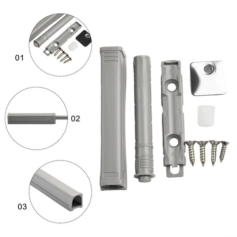Components of Push To Open Drawer Door Catch With Magnetic Tip Latch Soft Close And Touch Release for cabinets, ABS gray finish