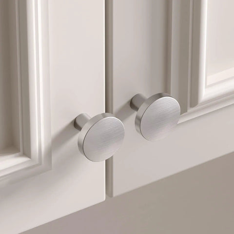 Heavy Duty Zinc Alloy Cabinet Knobs 5 Pack Brushed Nickel Drawer Handles For Kitchen Cabinets And Bathroom Vanity installed on cabinets