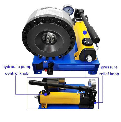 Heavy Duty Manual Hydraulic Crimping Machine High Pressure Pipe Tool with hydraulic pump and control knobs for hose applications.