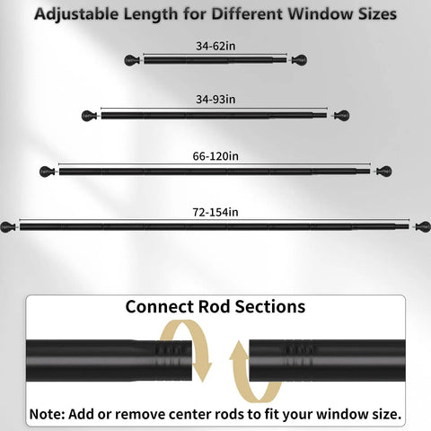 Heavy Duty Curtain Rod For Sliding Glass Door Adjustable 34 To 93 Inches 1 Inch Diameter Matte Black Finials No Sag Up To 30 Lbs Ideal Window Treatment For Bedroom Living Room Indoor Outdoor Use, showing adjustable length options and connecting sections.