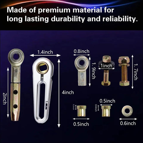 21-Inch Transmission Column Shift Linkage Kit for GM TH-200 200-4R TH-350 TH-400 4L60 4L60E 4L80E 700-R4 Universal Plug-and-Play Complete Kit With Rod Ends, Bushings, Washers, Nuts And Bolts, premium metal parts shown with measurements