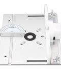 Heavy Duty Aluminum Router Lift System Kit With Precision Table Insert Plate For Woodworking Shops Built Rock Solid And Rust Proof Super Smooth Height Adjustment Shop Ready Upgrade with angle measuring tool.