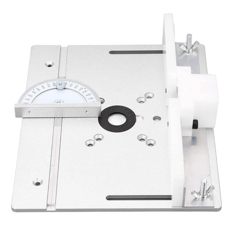 Heavy Duty Aluminum Router Lift System Kit With Precision Table Insert Plate For Woodworking Shops Built Rock Solid And Rust Proof Super Smooth Height Adjustment Shop Ready Upgrade with angle measuring tool.