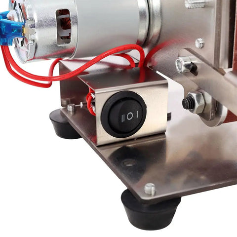Close-up of the control switch on the Amzxplore Mini Belt Sander With Seven Speed Adjustments and Knife Sharpener.