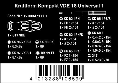Diagram of Kraftform Kompakt VDE Changeable Blade Set With 18 Interchangeable Blades, Multi Component Handle, and specifications.