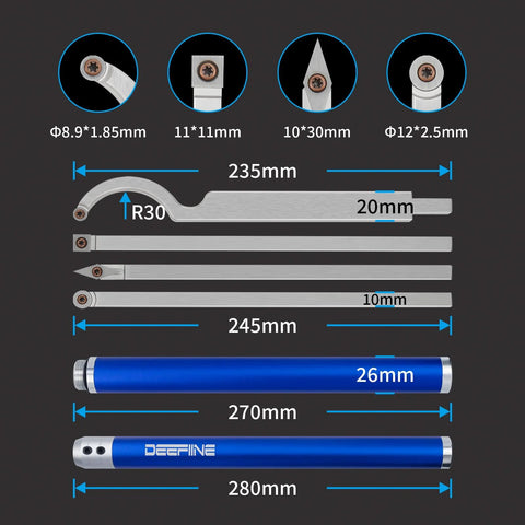 Front view: DEEFIINE carbide-tipped wood lathe tool kit with blue aluminum alloy handles and carbide inserts