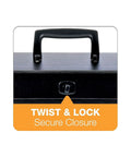 Close-up of Heavy Duty Legal Size File Organizer Box with secure twist and lock closure and carrying handle.