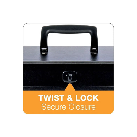 Close-up of Heavy Duty Legal Size File Organizer Box with secure twist and lock closure and carrying handle.