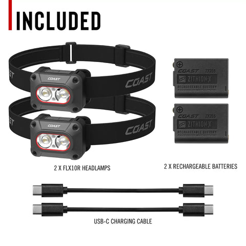 Included items: 2-pack 1000 Lumen Waterproof USB C Rechargeable LED Headlamp with red and green light modes, batteries, and cable