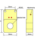 Diagram of ring proximity sensor 30mm diameter, NPN normally open, showing dimensions and detection hole position.