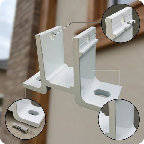 Outdoor Aluminum Awning Mounting Bracket Bent Shape With Flat Base and Upright Side Plates close-up showing slotted holes and anchor.