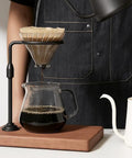 Adjustable Height 360 Rotating Pour Over Coffee Dripper Stand With Sapele Wood Base And Aluminum Arm for brewing coffee.