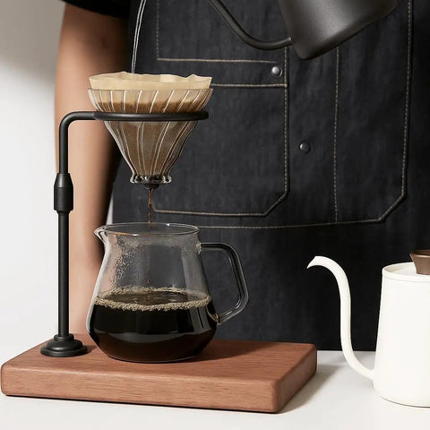 Adjustable Height 360 Rotating Pour Over Coffee Dripper Stand With Sapele Wood Base And Aluminum Arm for brewing coffee.