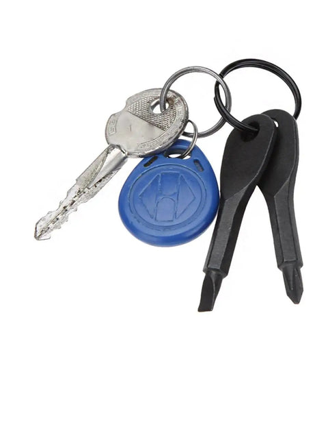Alt Tag: Two Pack Mini Key Shape Screwdriver Set With Flathead And Phillips Bits, Stainless Steel Key Chain Tools on key ring