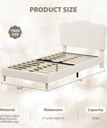 Super Chill Ultra Tough Twin Bed Frame For Kids Room Totally Comfy Berber Fleece Upholstery High Density Sponge Pad Easy Setup Low Rise Platform With Cool Beige dimensions showing 77"L x 39.4"W x 41"H.