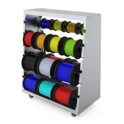 Heavy Duty Wire Spool Rack With Wheel 6 Rod Cable Dispenser For Electrical, Industrial And Retail Use Keeps Spools Organized For Garage And Workshop, 300lb Capacity, Gray with multiple colored spools.