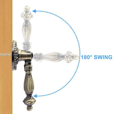 Six Pack Antique Tear Drop Drawer Pulls In Bronze Finish showing 180-degree swing feature for easy installation on cabinets.