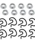 8 Piece Manual Transmission Shifter Bushing Kit With Spring Clips For Hurst Competition Plus 4 Speed MasterShift 3 Speed Shifters Fits GM Muncie Transmissions Gearhead Ready Replacement. Includes 8 metal bushings and spring clips arranged neatly.