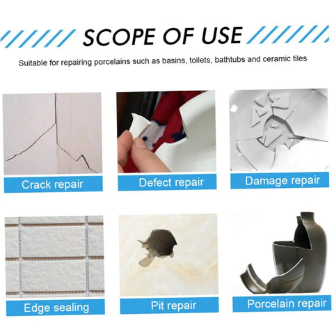 Various repair uses for Ceramic Tile Repair Paste Kit 2 Part Quick Dry Adhesive, including crack, defect, and damage repair.