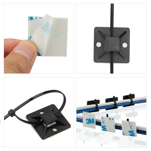 Three Quarters Inch Black Cable Zip Tie Mounts With Adhesive Backing securing wires on rack in 4-step guide