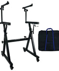 Heavy-Duty Dual-Tier Keyboard Stand With Locking Wheels, Adjustable 26 to 38 Inches Height and 23 to 34 Inches Width, 250 Lb Per Tier Capacity, shown with travel bag