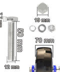 Components of Rock Solid Heavy Duty Rubber Casters With Sure Grip Brakes Quiet Industrial Caster Wheels 2 Pack including bolt, nuts, and caster wheel.