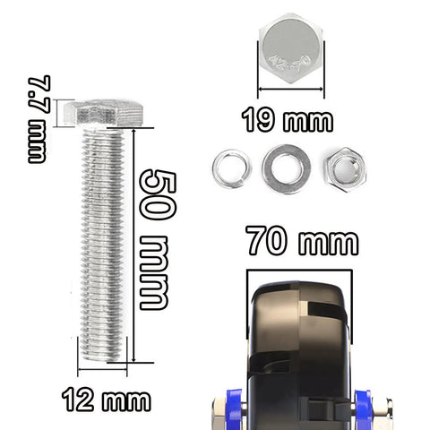 Components of Rock Solid Heavy Duty Rubber Casters With Sure Grip Brakes Quiet Industrial Caster Wheels 2 Pack including bolt, nuts, and caster wheel.