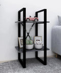 Two-Tier Gray Engineered Wood Book Cabinet For Home Office with decor, 27.6 inches tall, industrial style shelving unit.
