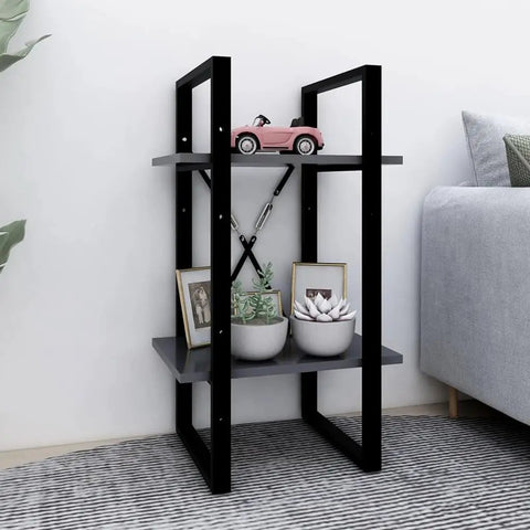 Two-Tier Gray Engineered Wood Book Cabinet For Home Office with decor, 27.6 inches tall, industrial style shelving unit.