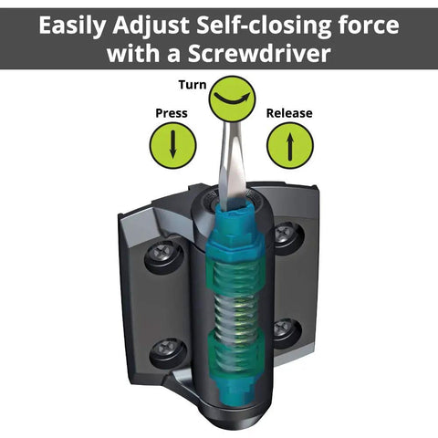 Heavy Duty Self Closing Gate Hinges With Adjustable Tension For Pool Safety Fences showing screwdriver adjuster mechanism.