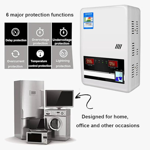 Heavy Duty Automatic Voltage Regulator 220V Single Phase Ac Stabilizer Pumps Out Serious Juice with appliances like fridge and TV.