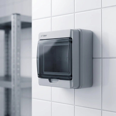 Heavy Duty 6 Way Circuit Breaker Box With DIN Rail IP65 Weatherproof Electrical Enclosure Surface Mount on wall.