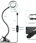 5X Magnifying Desk Clip Lamp With 10 Dimmable Brightness Levels And 3 Color Modes, flexible neck, black finish, 5V 2A adapter.
