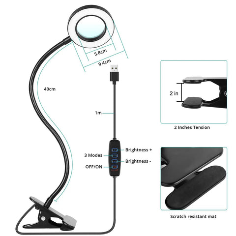 5X Magnifying Desk Clip Lamp With 10 Dimmable Brightness Levels And 3 Color Modes, flexible neck, black finish, 5V 2A adapter.