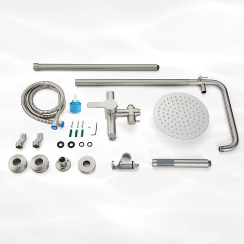 Rugged Outdoor Shower Kit With Dual Function 8 Inch Rain Showerhead And Handheld Spray Wall Mount Single Handle SUS304 Stainless Steel Brushed Nickel Finish High Pressure Setup For Garden Patio And Camping components on display