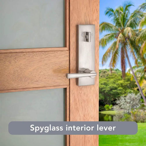 Spyglass Single Cylinder Front Door Handleset With SmartKey Security in Satin Nickel, interior square lever view