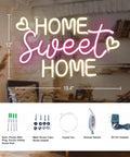 Home Sweet Home Neon Sign For Modern Home Decor Wall Art For Living Room Bedroom And Apartment To Elevate Your Cozy Vibe With Dimmer Switch And Included Power Adapter displayed with dimensions, dimmer switch, and adapter