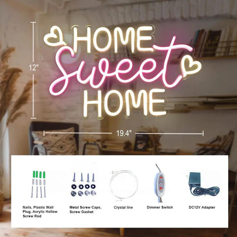 Home Sweet Home Neon Sign For Modern Home Decor Wall Art For Living Room Bedroom And Apartment To Elevate Your Cozy Vibe With Dimmer Switch And Included Power Adapter displayed with dimensions, dimmer switch, and adapter