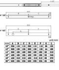 20mm Double Row Steel Drawer Slides With Ball Bearing Runners 350mm sizing diagram featuring outer and inner rail measurements