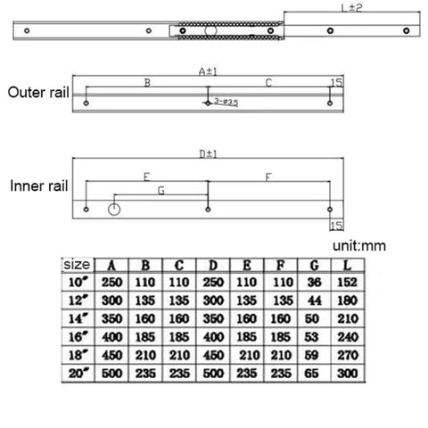 20mm Double Row Steel Drawer Slides With Ball Bearing Runners 350mm sizing diagram featuring outer and inner rail measurements