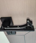 Slick Black Aluminum Door Handle Set Drop In Replacement With Threaded Mounting Hardware close-up view on a door.