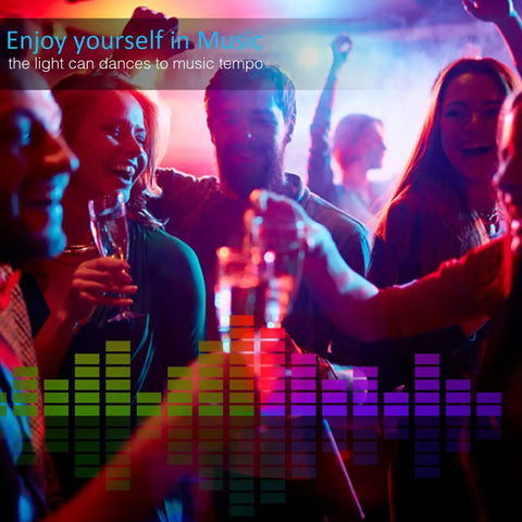 People enjoying a party with colorful music-synced lighting; 65.6 Ft RGB LED Strip Lights With 24V Smart Control App And IR Remote