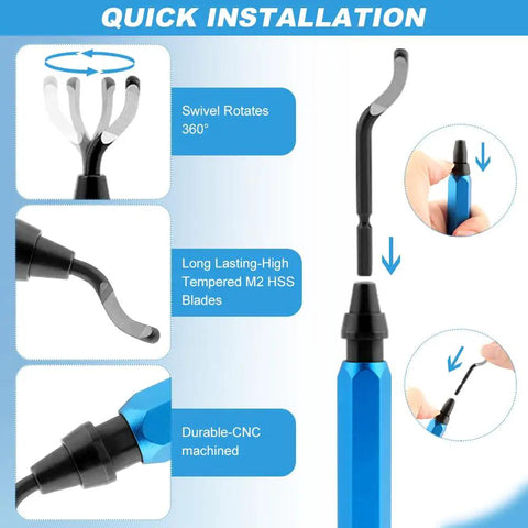 Deburring Tool Kit For DIY Projects With 6 Needle Files And 10 Blades, demonstrating quick blade installation and rotating handle.