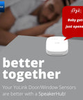 LoRa Smart Door Sensor Starter Kit with hub on table, alert indicating 'Baby gate just opened,' promoting enhanced home security.