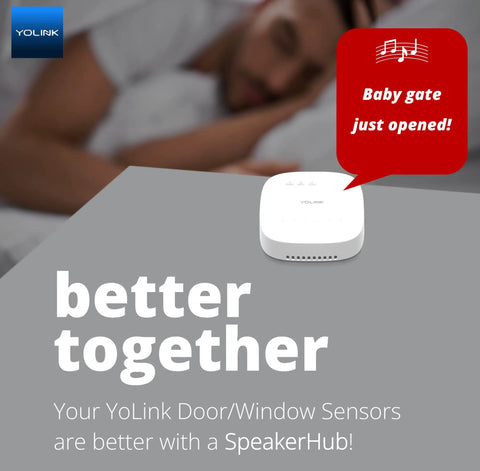 LoRa Smart Door Sensor Starter Kit with hub on table, alert indicating 'Baby gate just opened,' promoting enhanced home security.