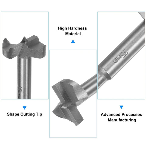 Kickass 5 Piece Forstner Bit Set 15 20 25 30 35 Mm With Round Shank Design Built From Durable High Speed Steel For Slick Woodworking, showcasing detailed cutting tip.
