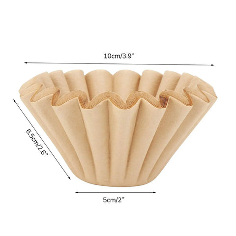 Disposable Coffee Filters For 1 To 4 Cup Basket Makers, Natural Brown Unbleached, showing dimensions, 100 Count Pack