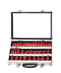 Top Shelf 35 Piece Carbide Router Bit Set With Tight Tolerance 12MM Shank showcasing bits in a silver case for wood carving.